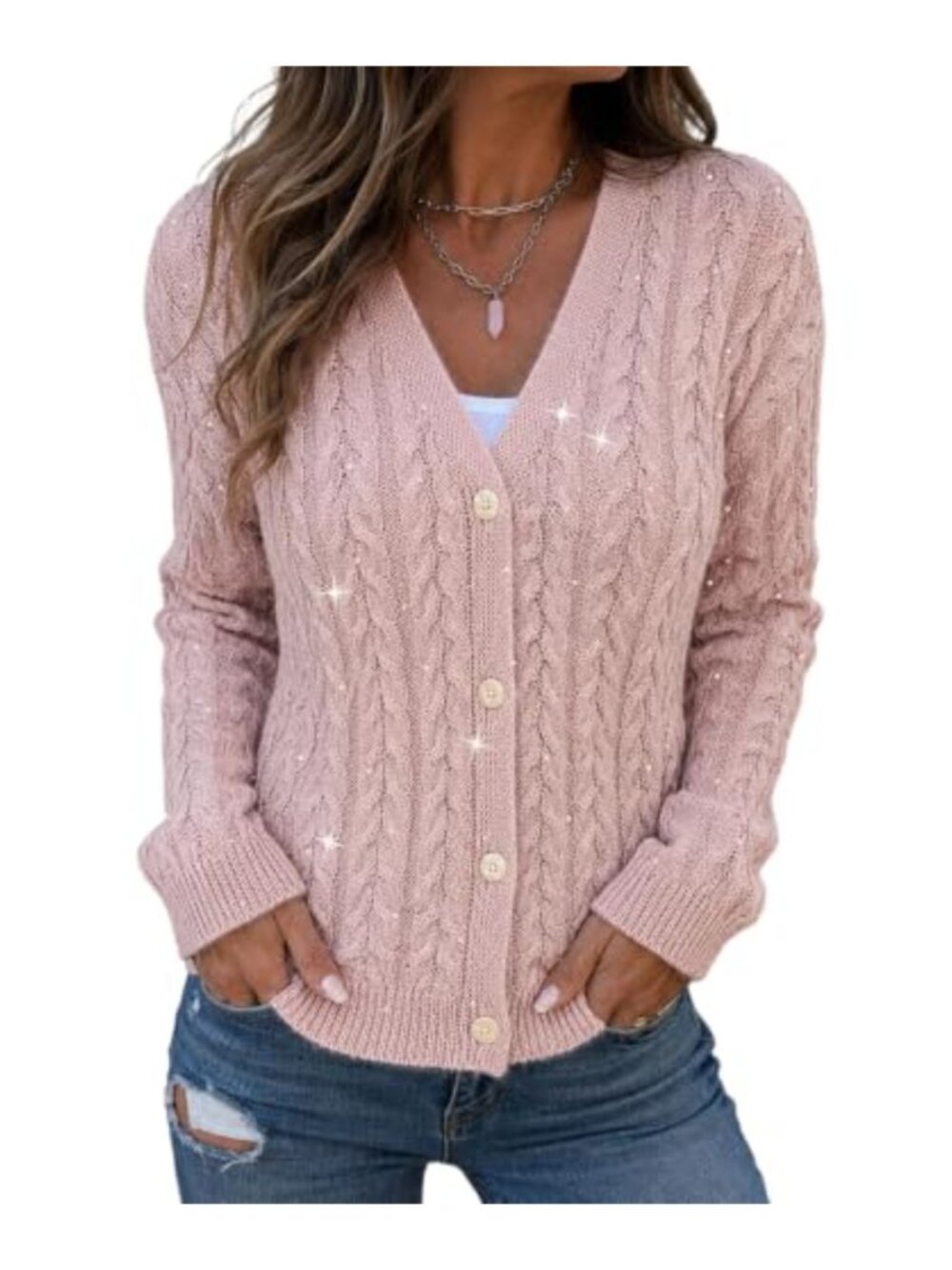 Women's V-Neck Button Down Cardigan Rhinestone Cable Knit Long Sleeve Soft